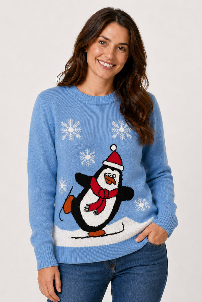Light Blue Family Christmas Jumper with Penguin Women