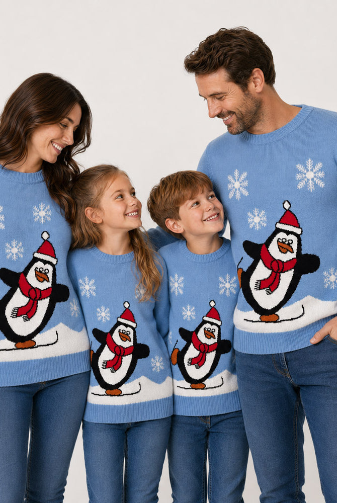 Light Blue Family Christmas Jumper with Penguin