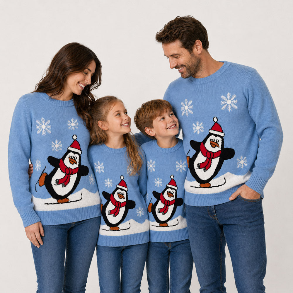 Light Blue Family Christmas Jumper with Penguin