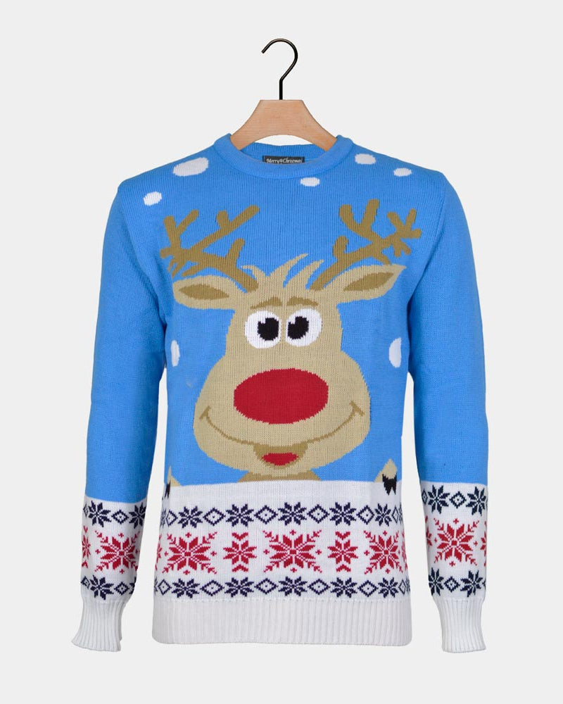 Light Blue Men's Christmas Jumper with Reindeer and Snow
