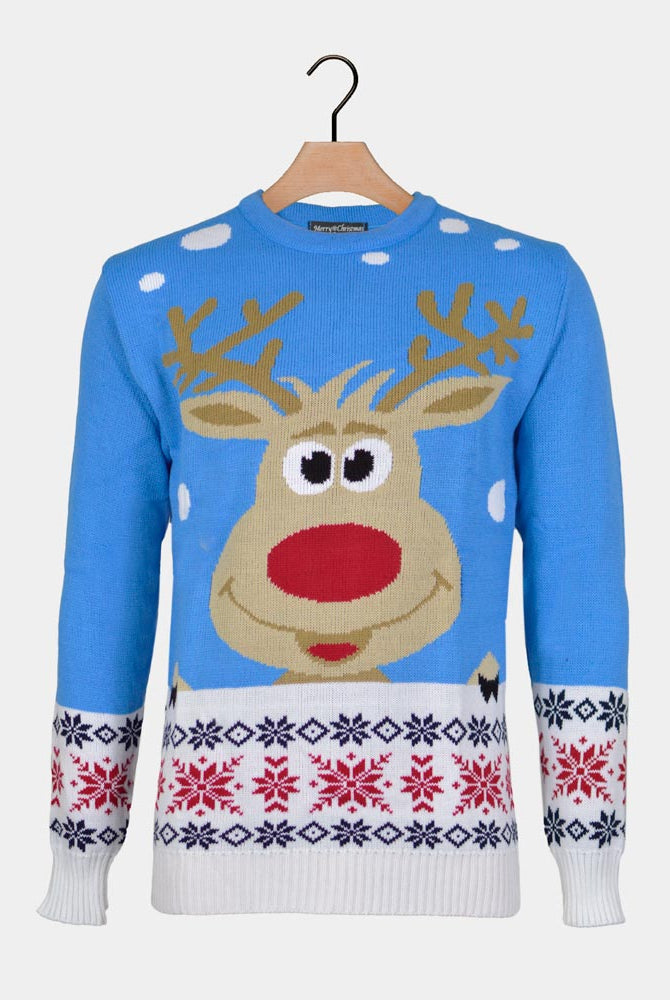 Light Blue Men's Christmas Jumper with Reindeer and Snow