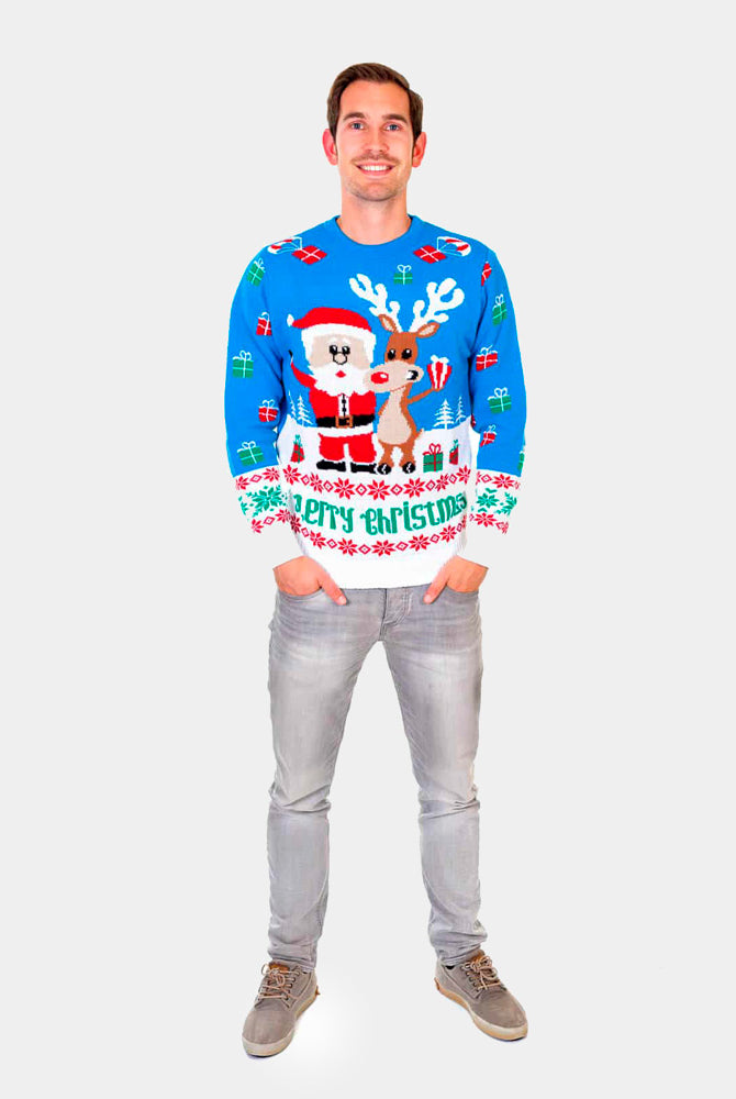 Light Blue Men's Christmas Jumper Santa Rudolph