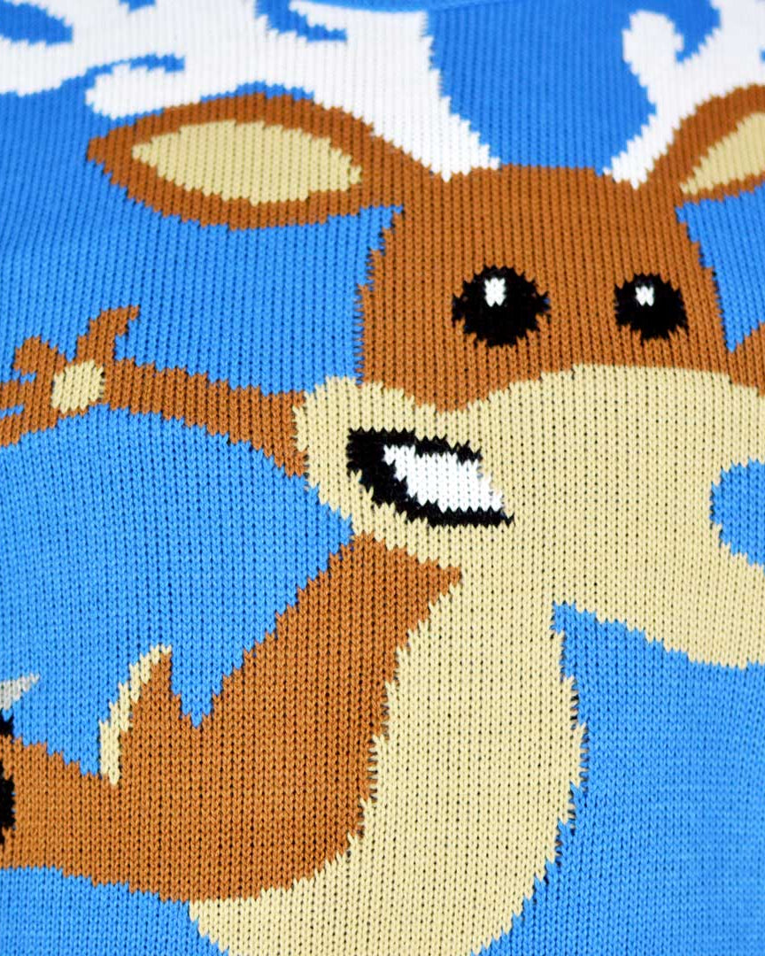 detail Light Blue Men's Christmas Jumper with skating Reindeer