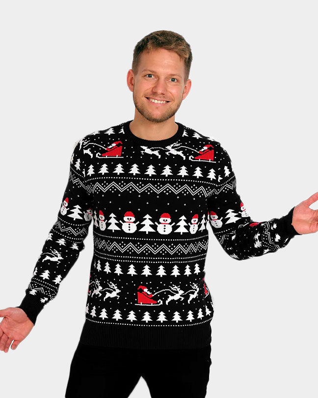 Mens Black Christmas Jumper with Trees, Snowmen and Santa