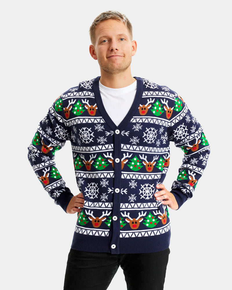 Blue Couple's Cardigan Christmas Jumper with Reindeers and Trees mens