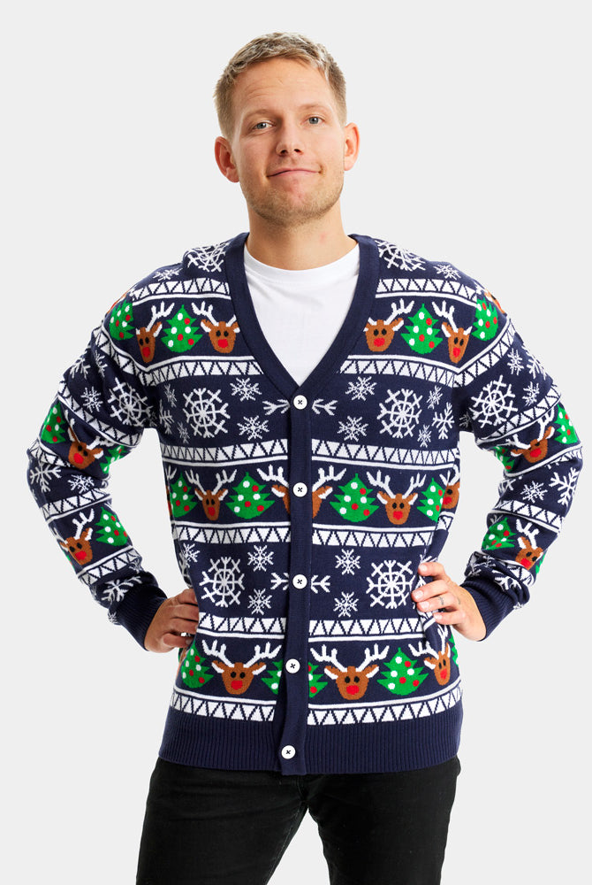 Blue Couple's Cardigan Christmas Jumper with Reindeers and Trees mens