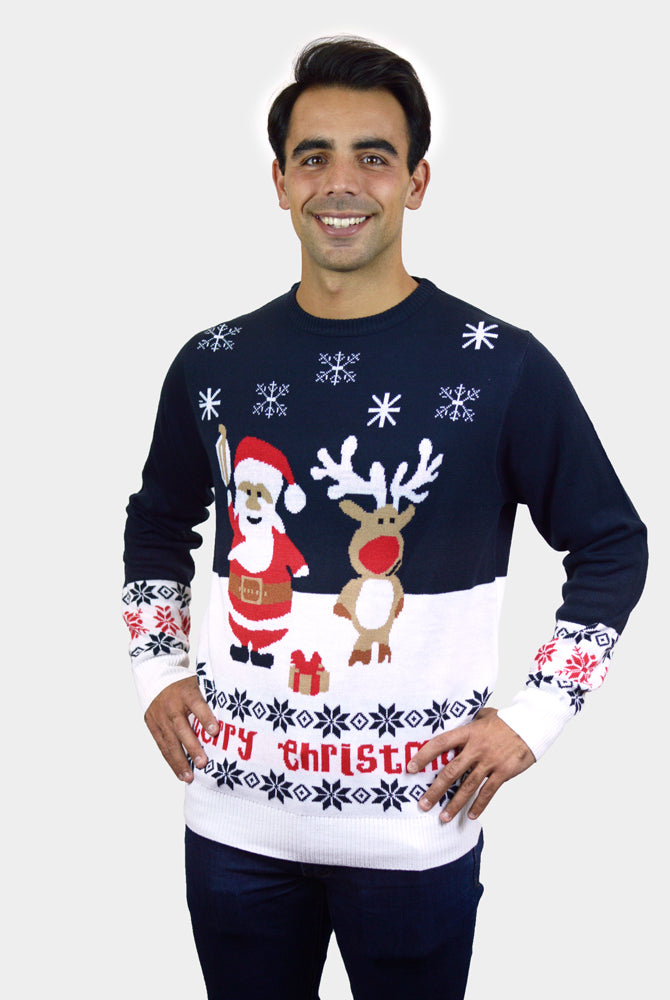 Blue Couple's Christmas Jumper with Santa and Rudolph mens