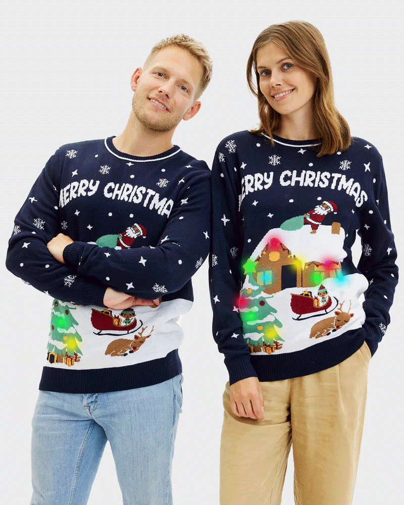 LED light-up Womens Blue Christmas Jumper Merry Christmas Mens