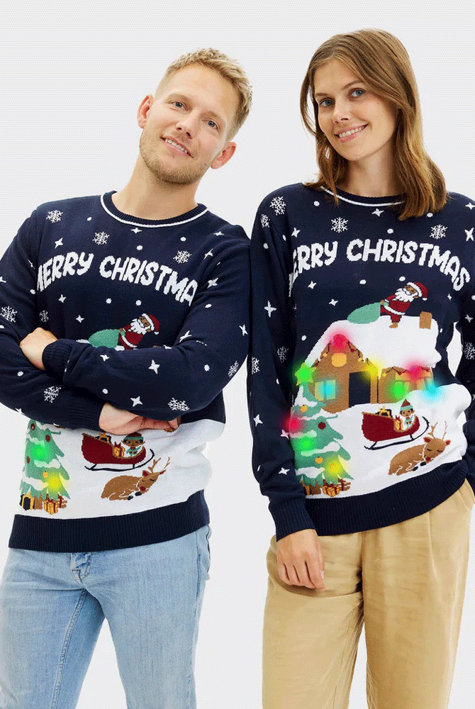LED light-up Womens Blue Christmas Jumper Merry Christmas Mens