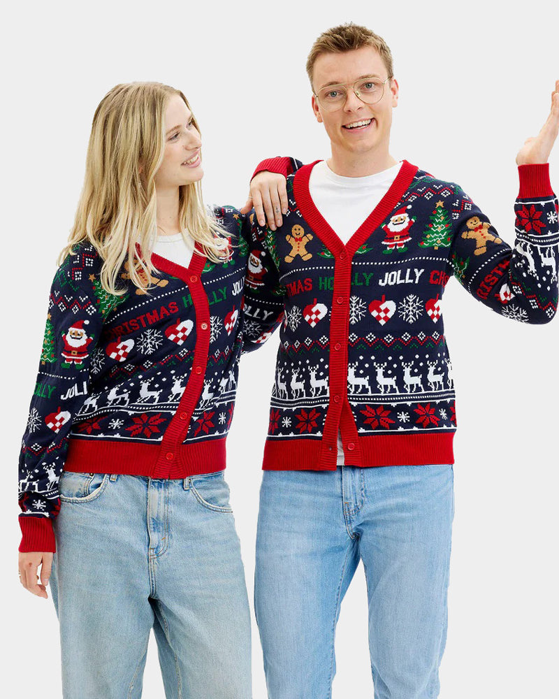 Men's Blue and Red Cardigan Christmas Jumper Womens