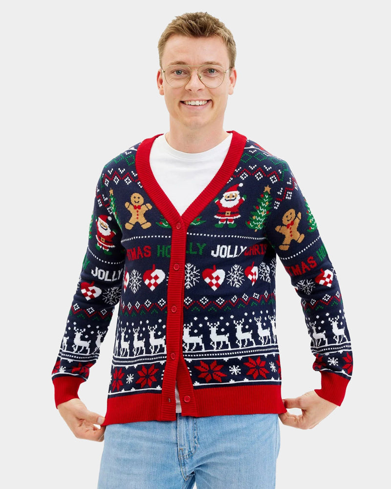 Men's Blue and Red Cardigan Christmas Jumper