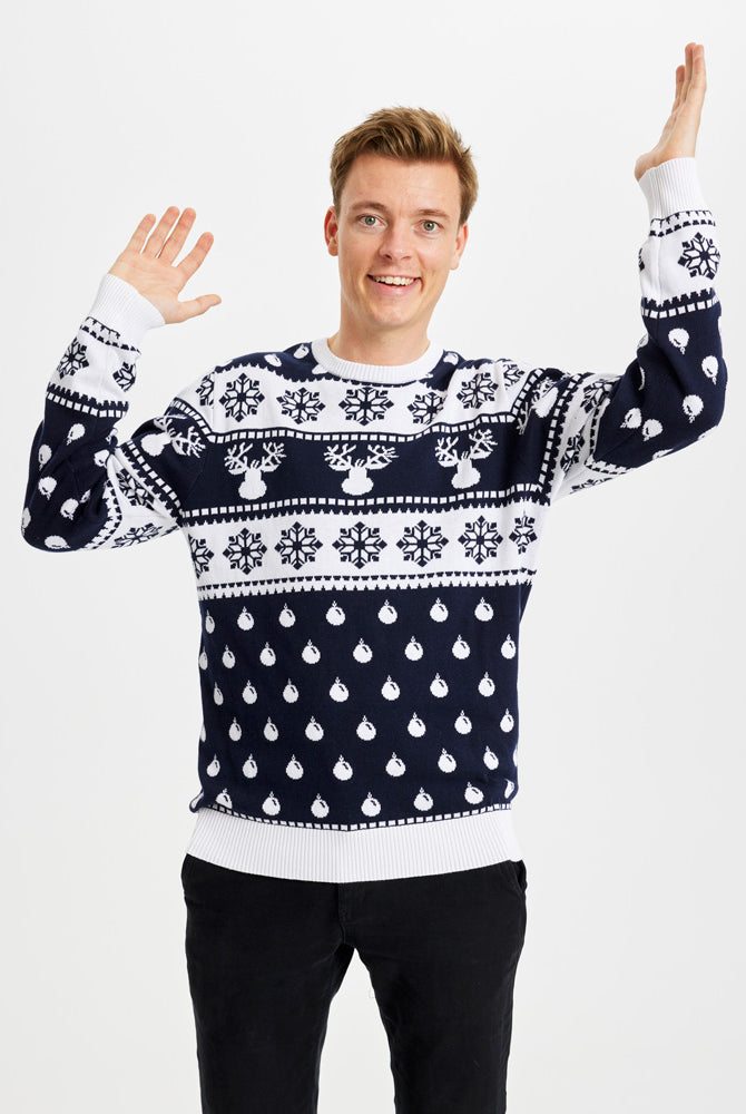 Blue Mens Womens Christmas Jumper with Reindeers and Snow
