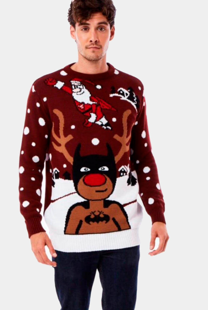 Men's Christmas Jumper with Batman Rudolph and Superman Santa