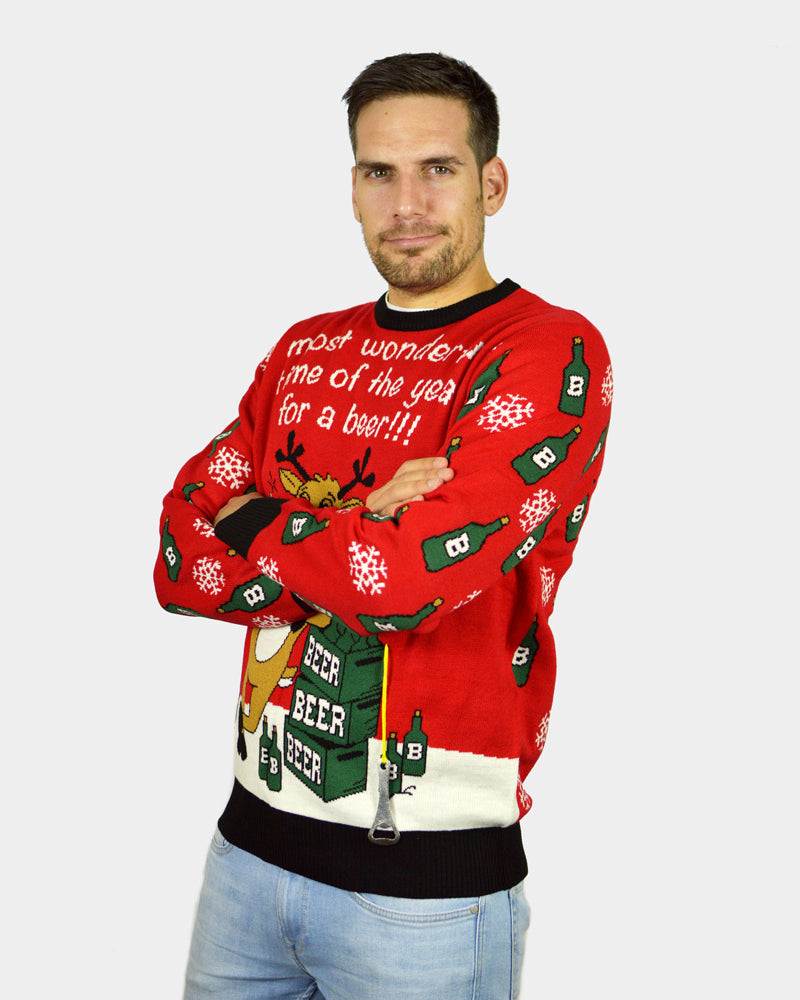 Men's Christmas Jumper with Reindeer + Beer Opener