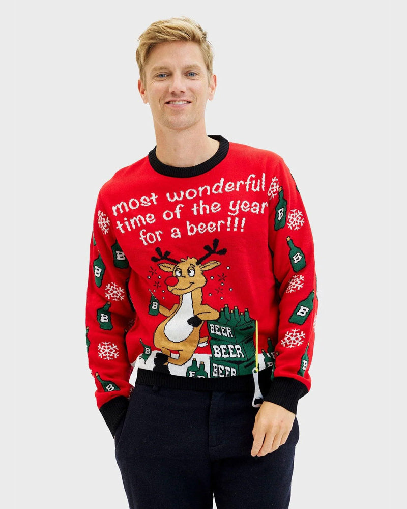Mens Christmas Jumper Reindeer Beer Opener