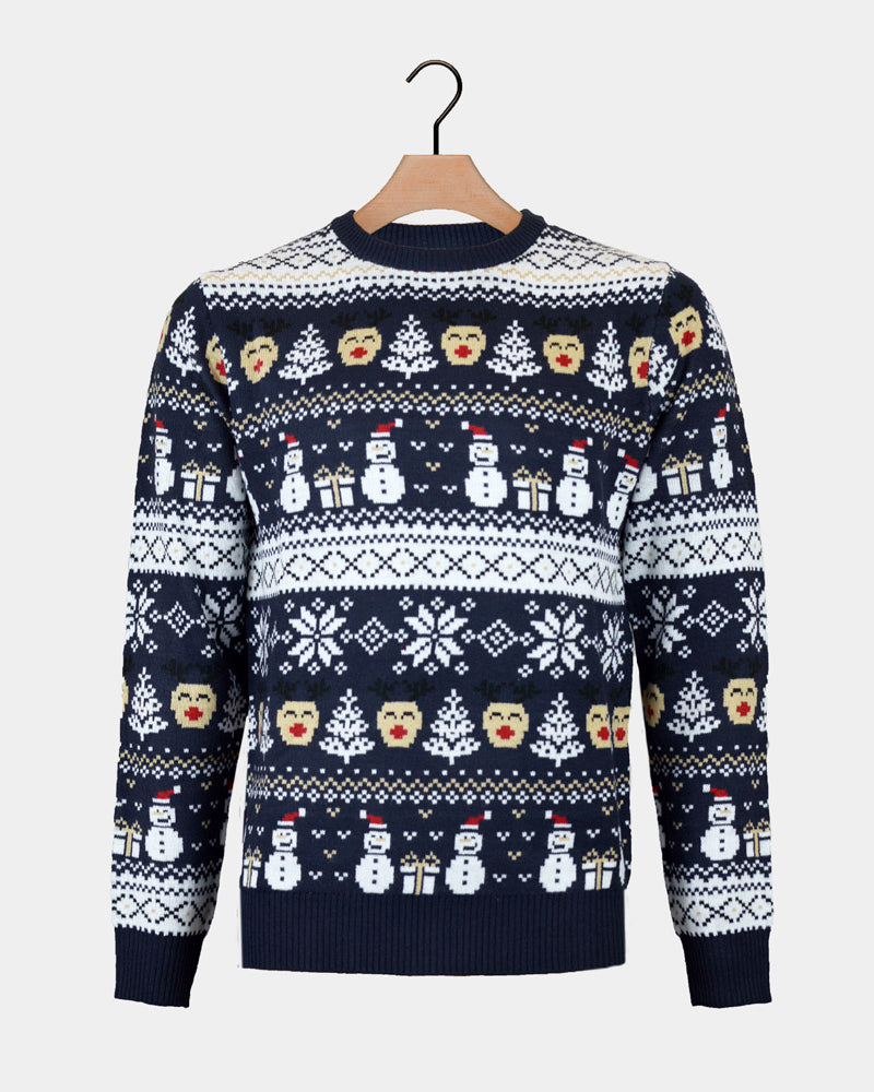 Mens Christmas Jumper with Snowmen and Trees Blue