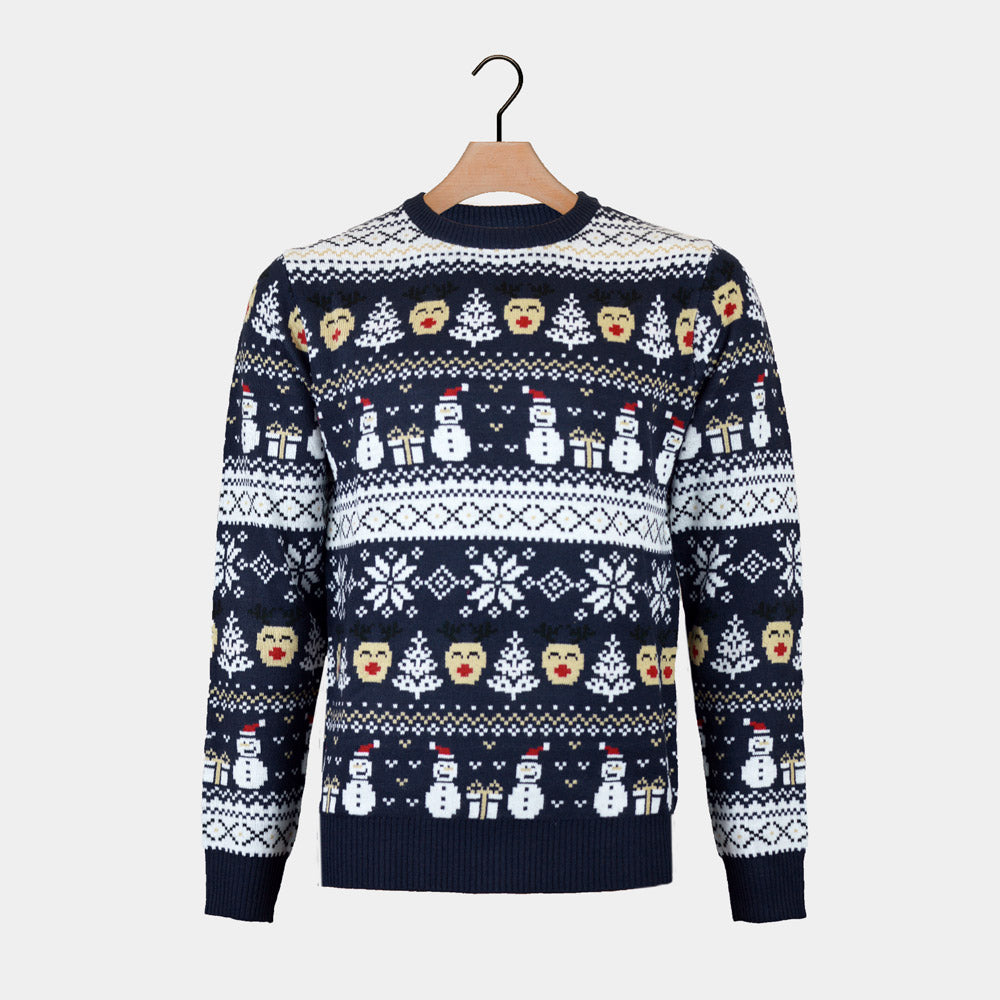 Mens Christmas Jumper with Snowmen and Trees Blue