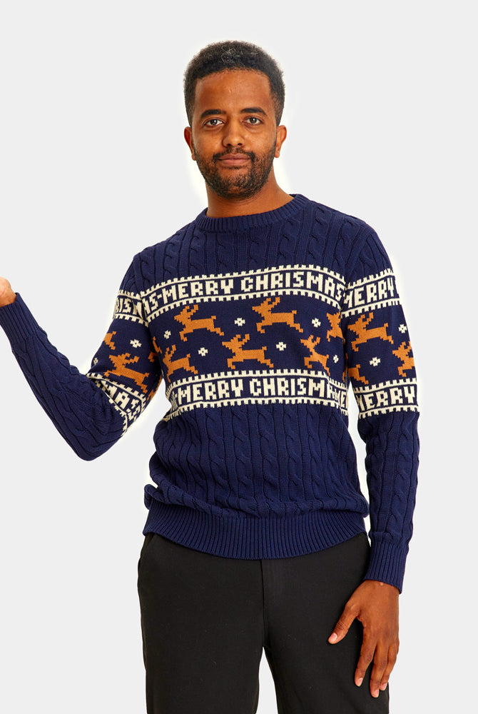 mens Classy Blue Organic Cotton Couple's Christmas Jumper with Reindeers