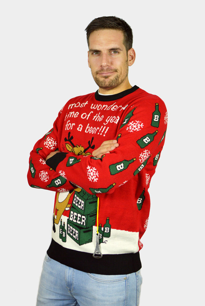 Couple's Christmas Jumper with Reindeer + Beer Opener mens
