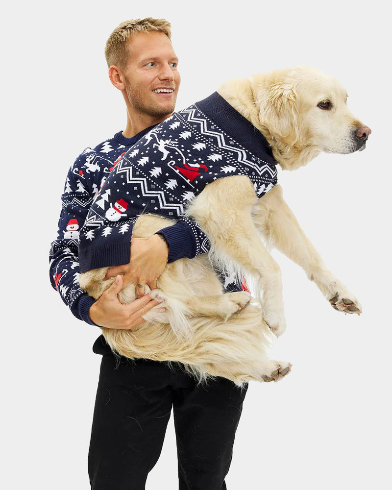 Mens Dog Christmas Jumper with Trees, Snowmen and Santa