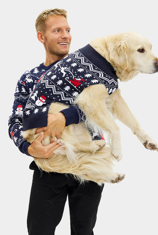 Mens Dog Christmas Jumper with Trees, Snowmen and Santa