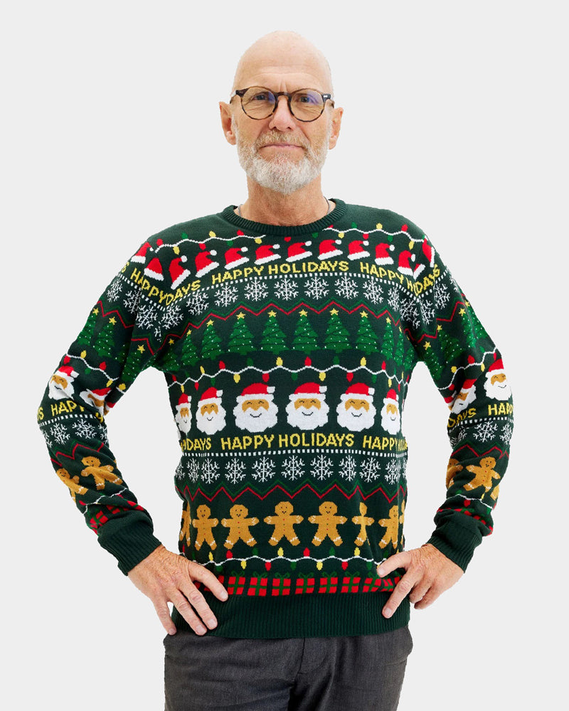 Men's Green Christmas Jumper Happy Holidays