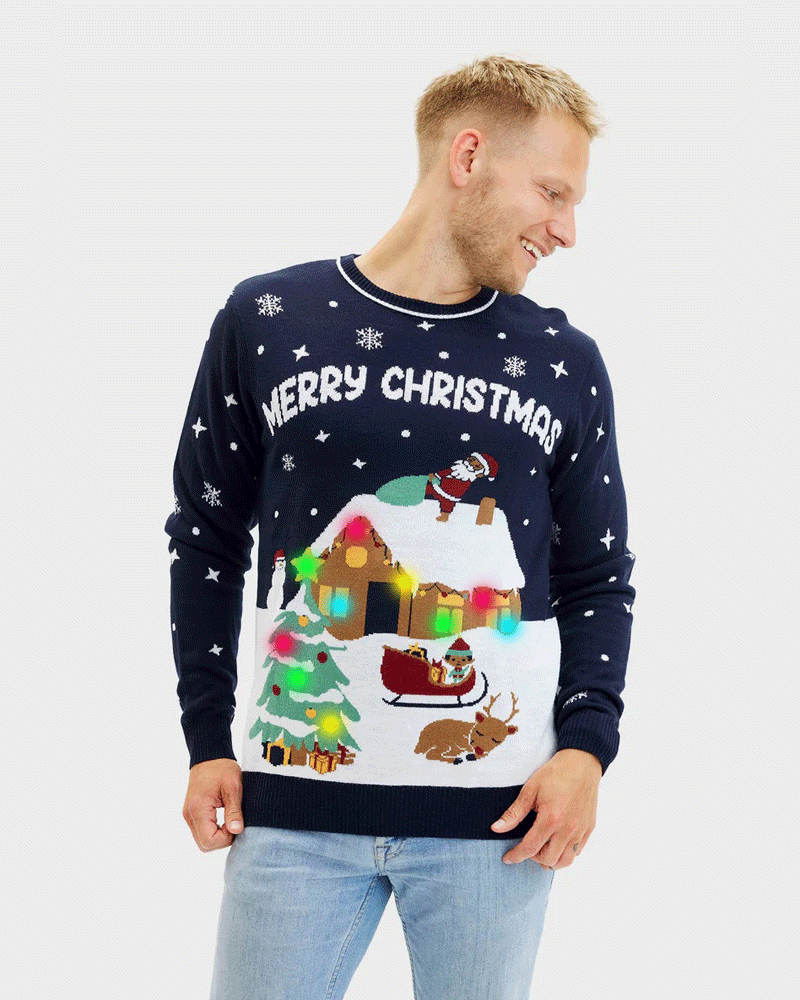 Mens LED light-up  Blue Christmas Jumper Merry Christmas