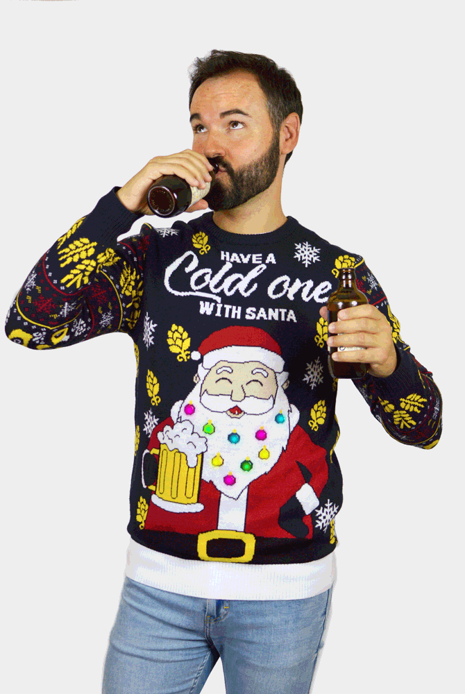 mens LED Light-Up Couple's Christmas Jumper Santa with Beer