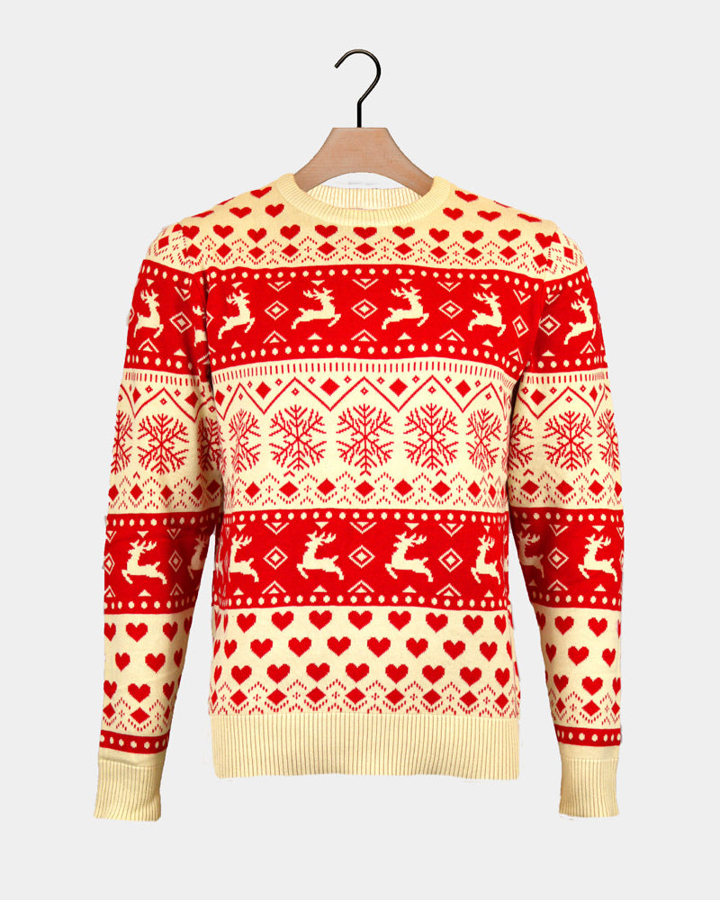Mens Red & Beige Organic Cotton Christmas Jumper with Hearts