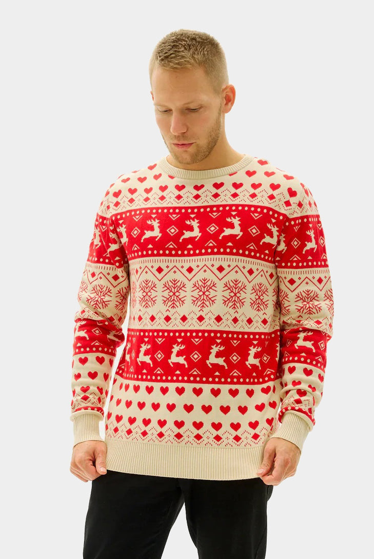 Red Mens Beige Organic Cotton Womens Christmas Jumper with Hearts