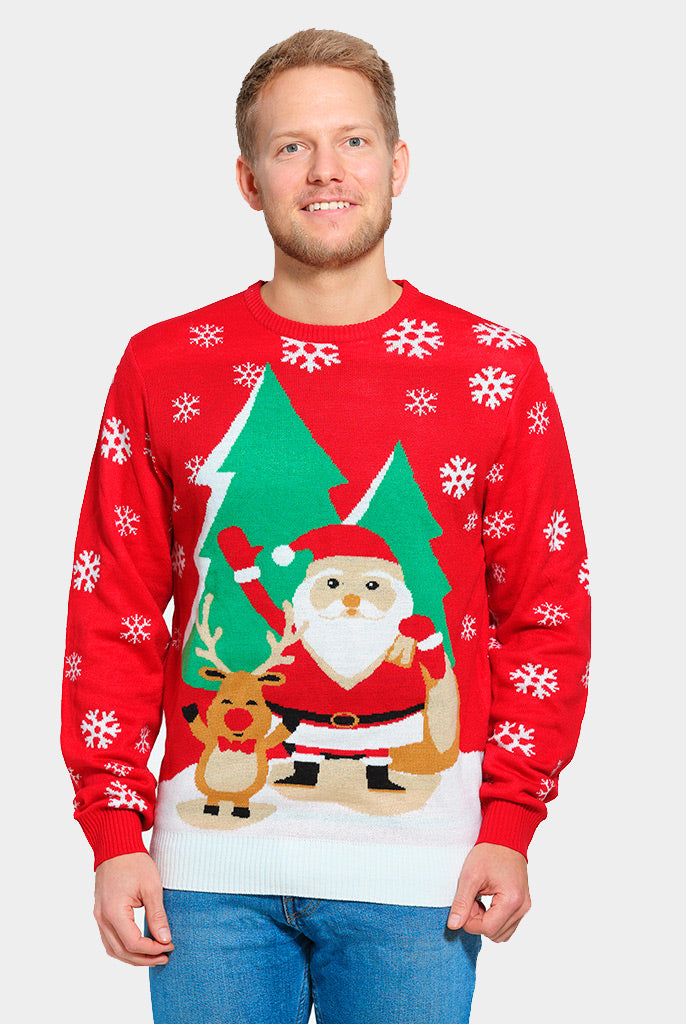 mens Red Couple's Christmas Jumper with Santa and Reindeer Greeting