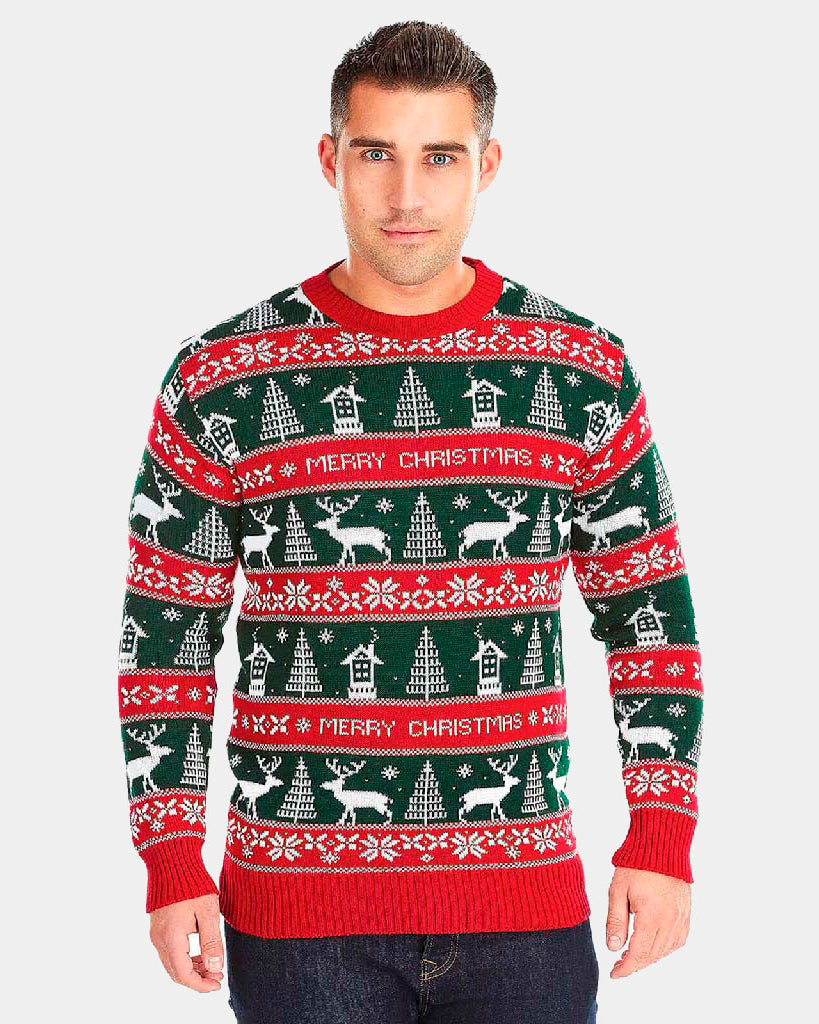 Red and Green Strips Couple's Christmas Jumper mens