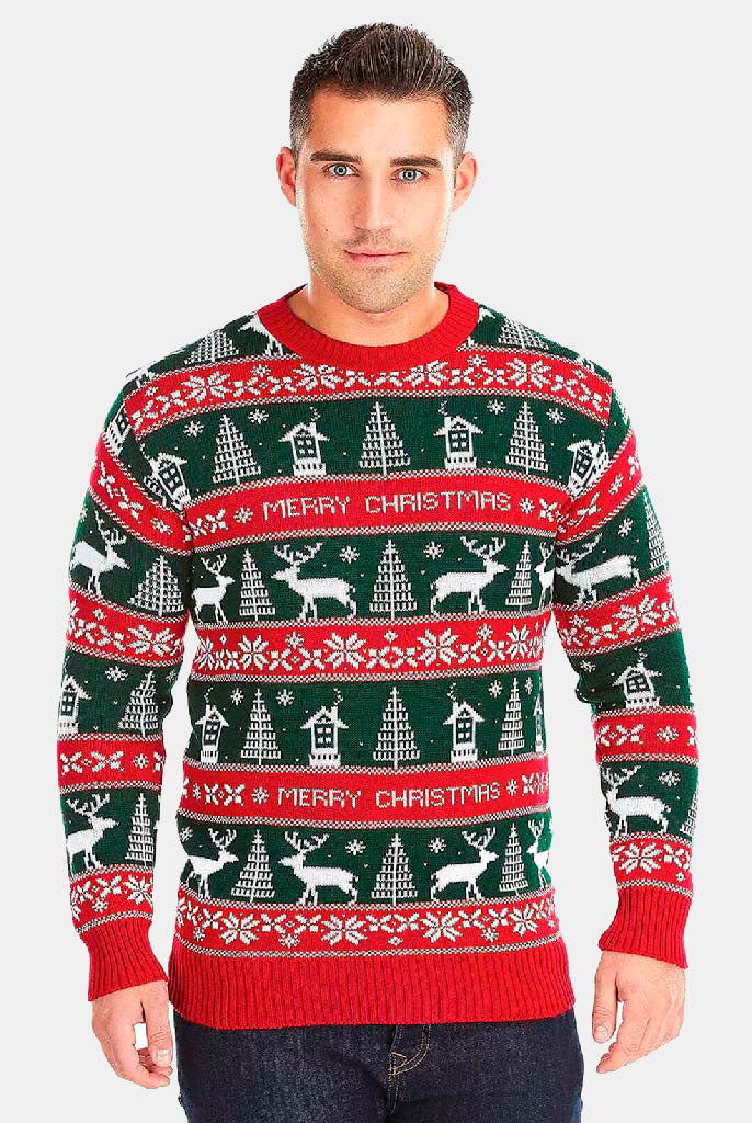 Red and Green Strips Couple's Christmas Jumper mens