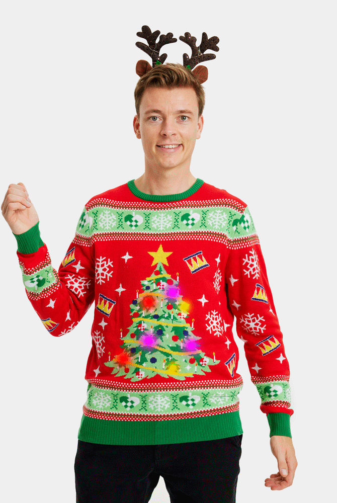 Red LED light-up Couple's Christmas Jumper with Christmas Tree mens