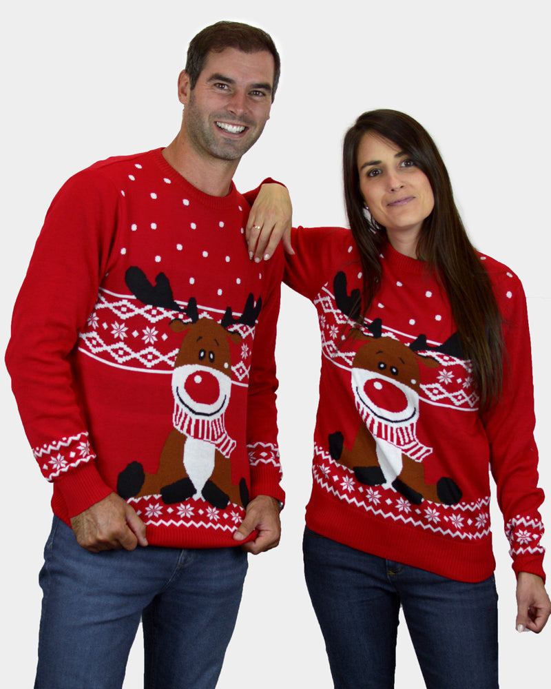 Red Womens Christmas Jumper Mens Rudolph the Happy Reindeer