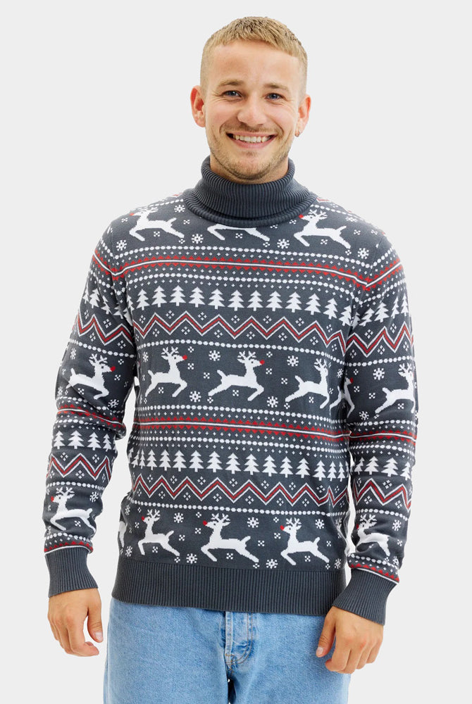 Mens Turtleneck Organic Cotton Couple's Grey Christmas Jumper with Reindeers