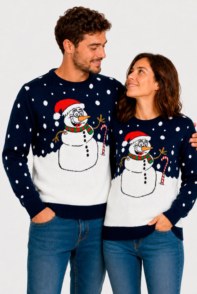 Navy Blue Christmas Jumper with Snowman Couple