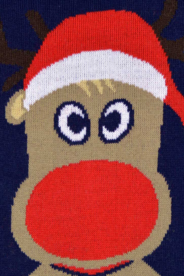 detail Navy Blue Couple's Christmas Jumper with Reindeer and Snow
