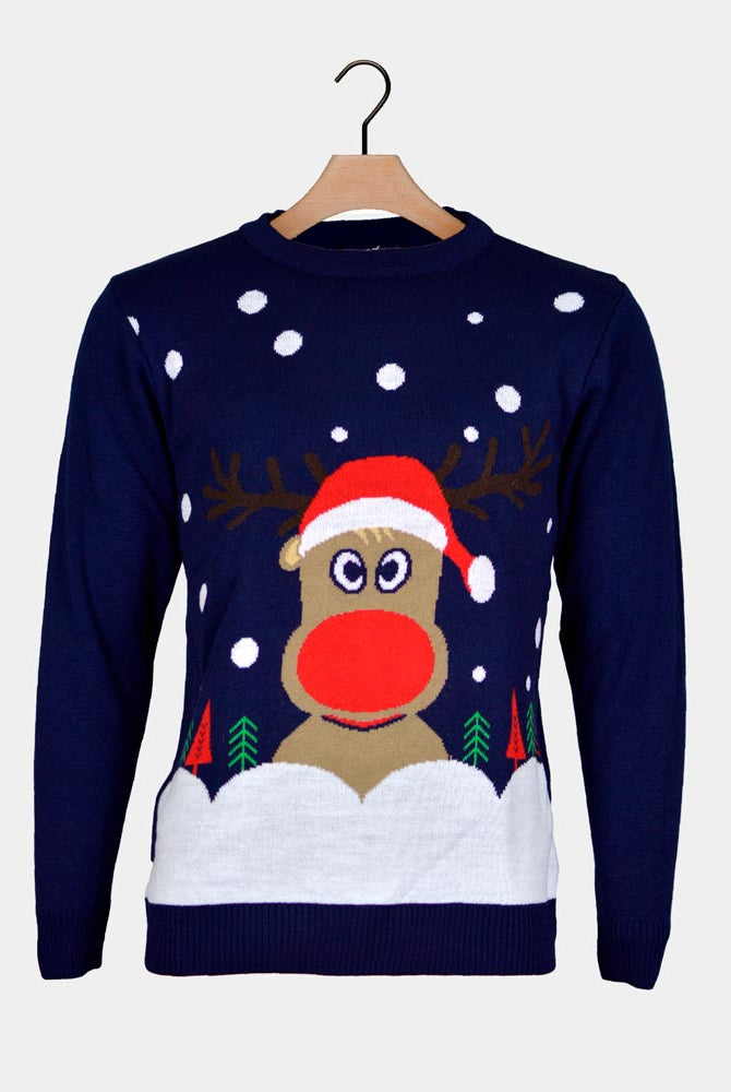 Navy Blue Couple's Christmas Jumper with Reindeer and Snow