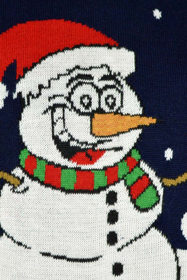 detail Navy Blue Couple's Christmas Jumper with Snowman