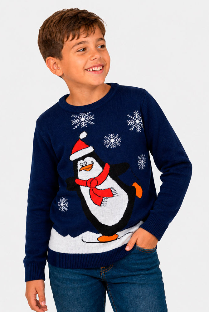 Navy Blue Family Christmas Jumper with Penguin boy
