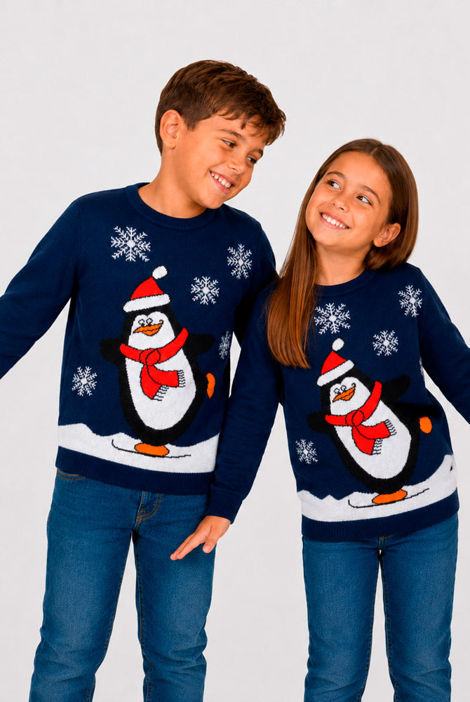 Navy Blue Family Christmas Jumper with Penguin Children