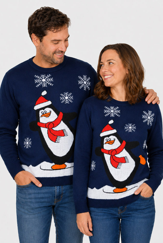 Navy Blue Family Christmas Jumper with Penguin Couple
