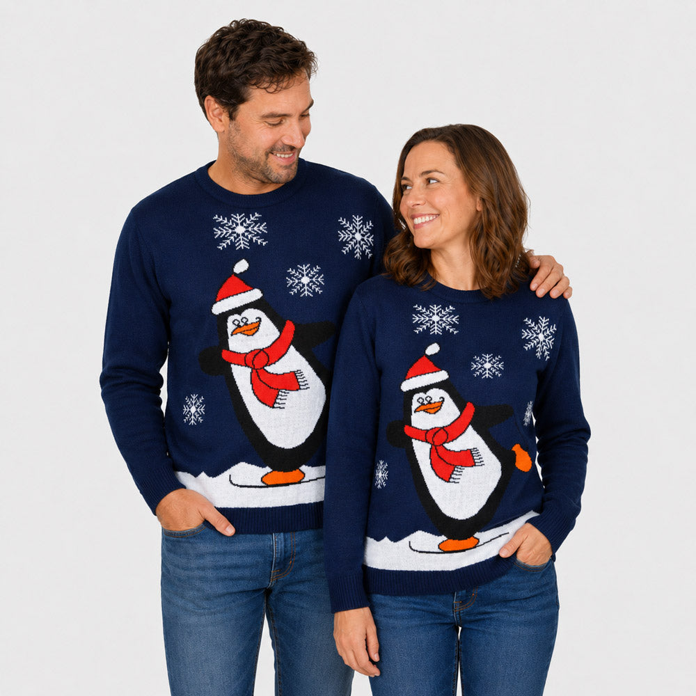 Navy Blue Family Christmas Jumper with Penguin Couple