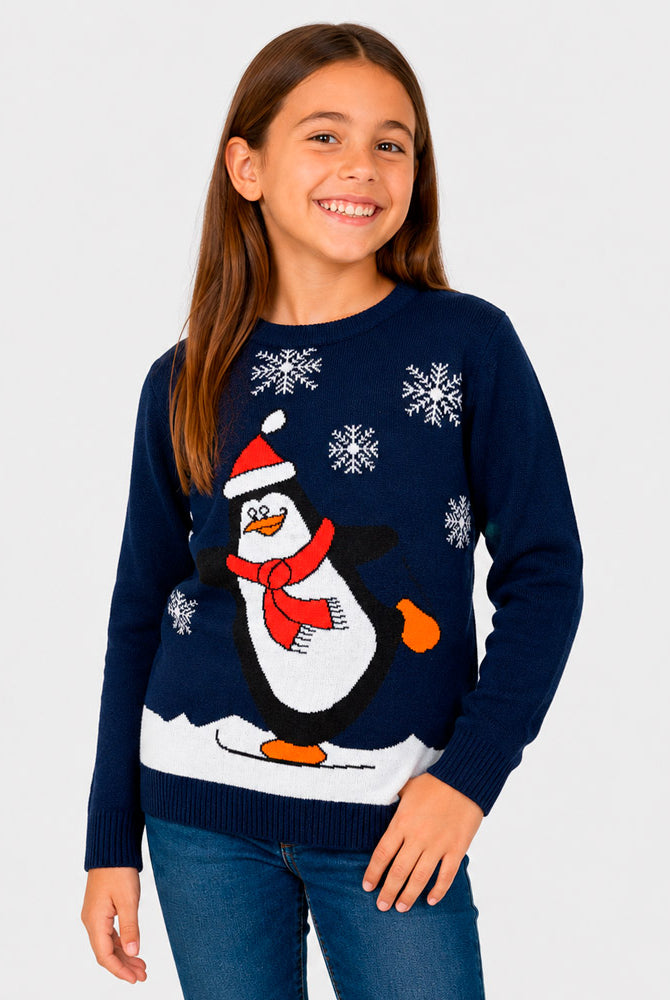 Navy Blue Family Christmas Jumper with Penguin Girl