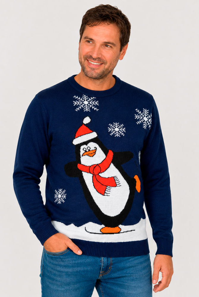 Navy Blue Family Christmas Jumper with Penguin Men