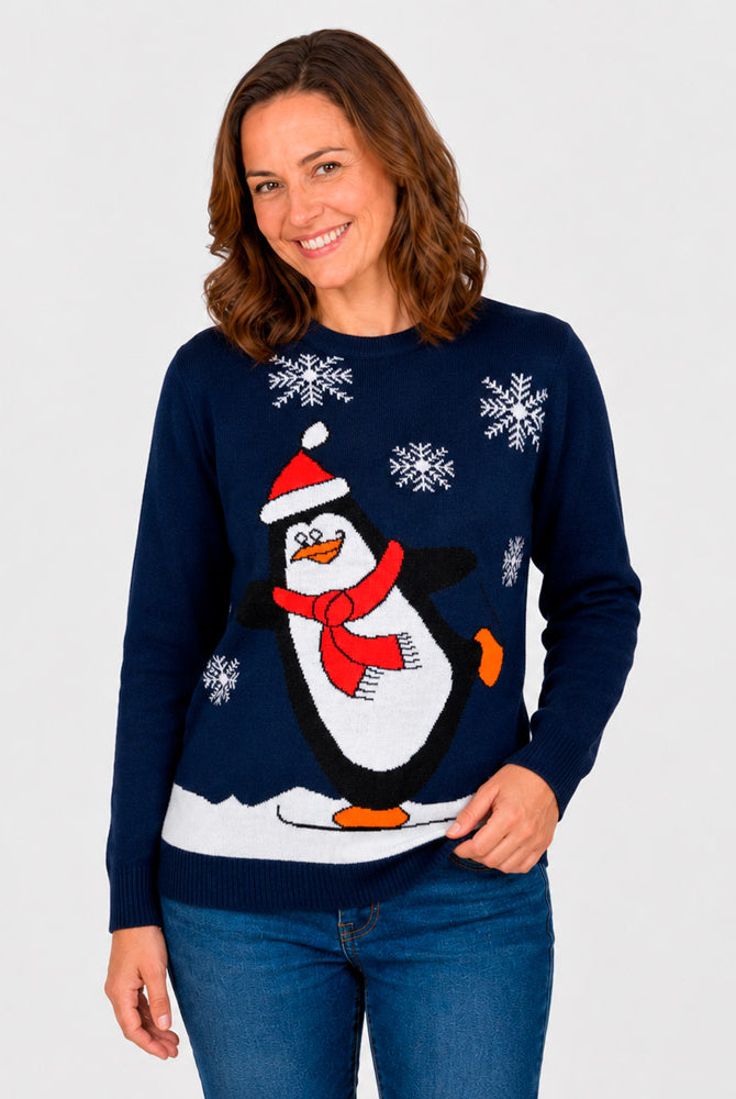 Navy Blue Family Christmas Jumper with Penguin Women
