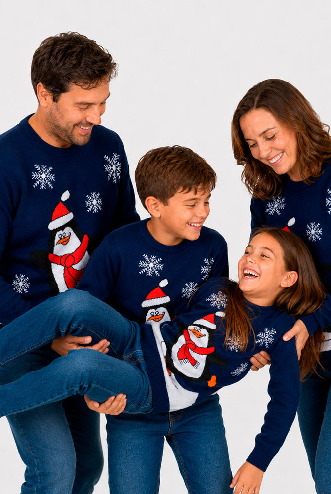 Navy Blue Family Christmas Jumper with Penguin