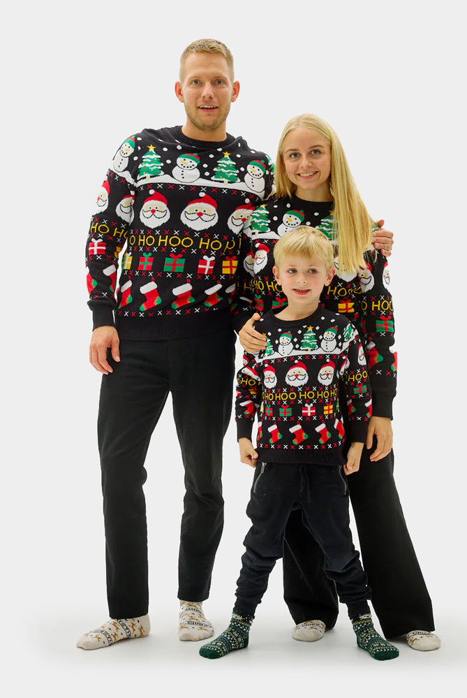 Organic Cotton Boys and Girls Christmas Jumper with Santa, Gifts and Snowmen Family