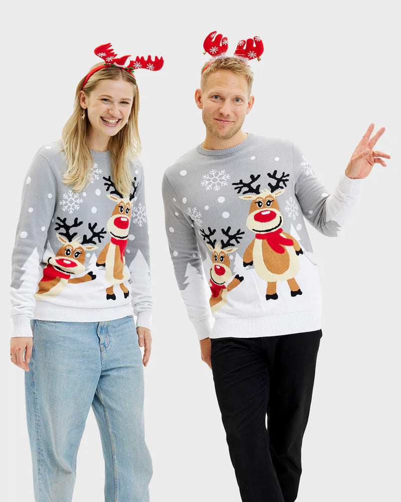 Grey Organic Cotton Christmas Jumper Cute Reindeers Couples
